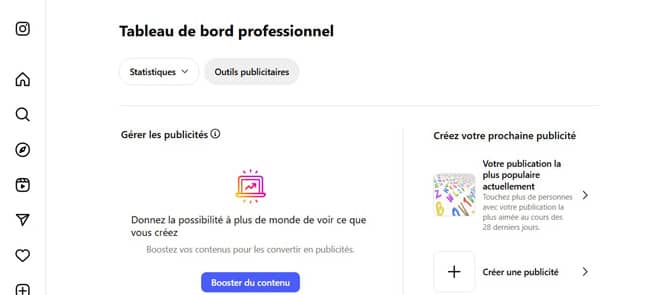 Tableau de bord Instagram