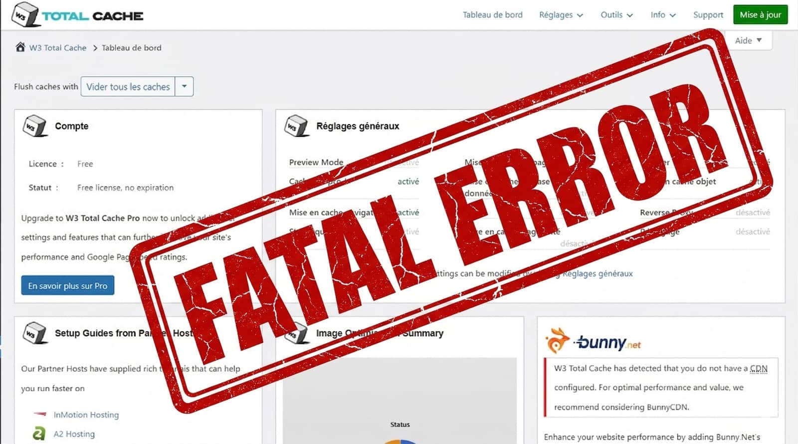 Administration W3 Total Cache et tampon Fatal Error