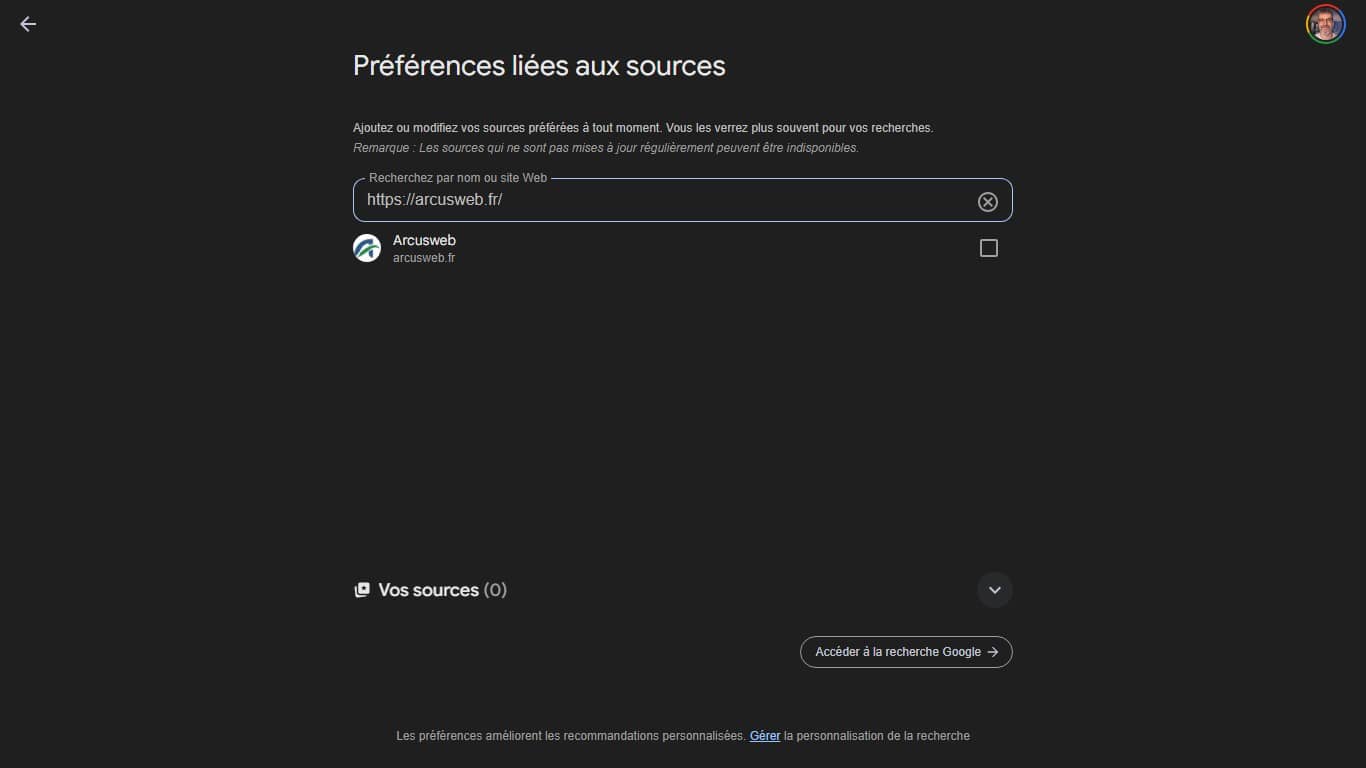 Page d’accès Google Preferred Sources (Crédit : capture Google)