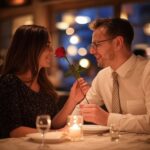 Deux amoureux au restaurant et une rose pour la Saint-Valentin (Crédit : Alex-I Grok)