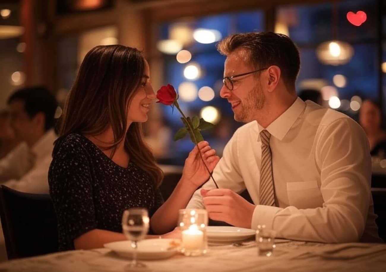 Deux amoureux au restaurant et une rose pour la Saint-Valentin (Crédit : Alex-I Grok)