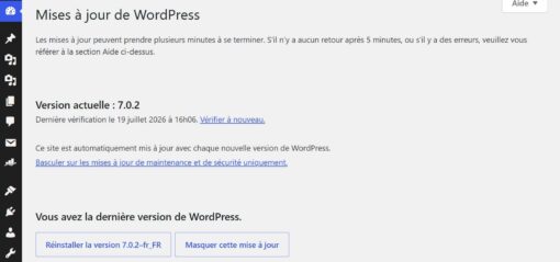 Page de la mise à jour Wordpress 7.0.2 sur Arcusweb
