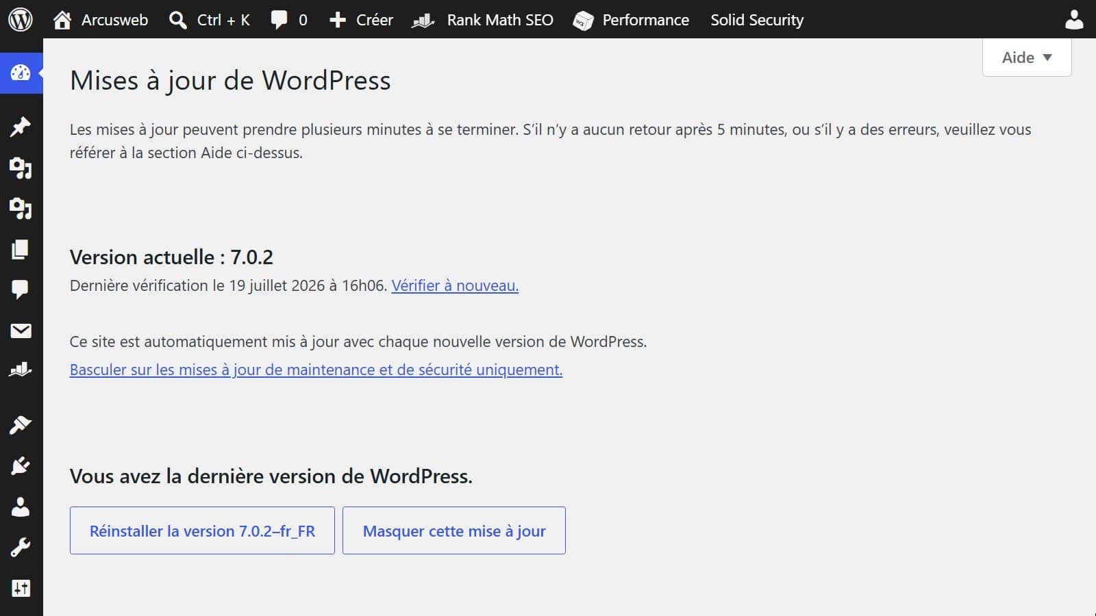 Page de la mise à jour Wordpress 7.0.2 sur Arcusweb