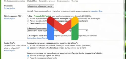 Boite de messagerie Gmail et paramètres Pop3 et Imap