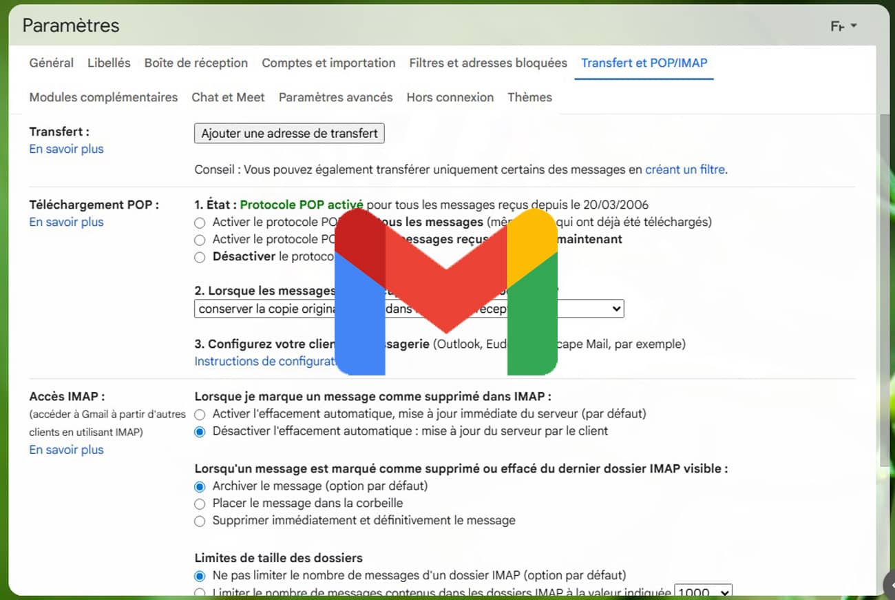 Boite de messagerie Gmail et paramètres Pop3 et Imap