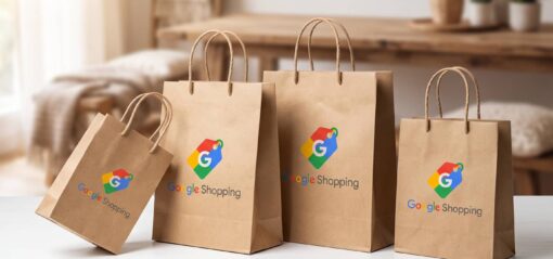Des sacs en craft avec le logo Google Shopping (Crédit : Alex.I)