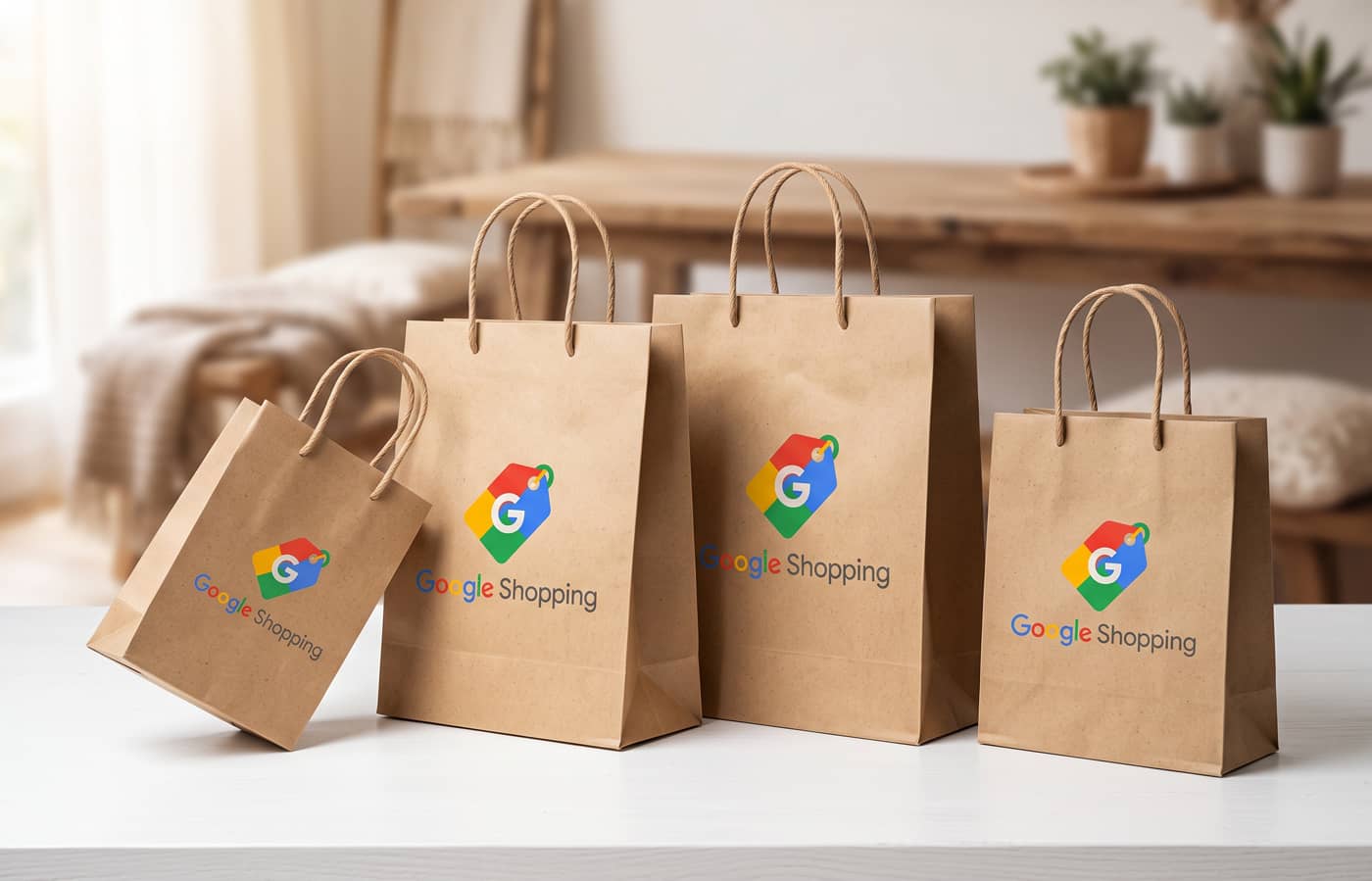 Des sacs en craft avec le logo Google Shopping (Crédit : Alex.I)