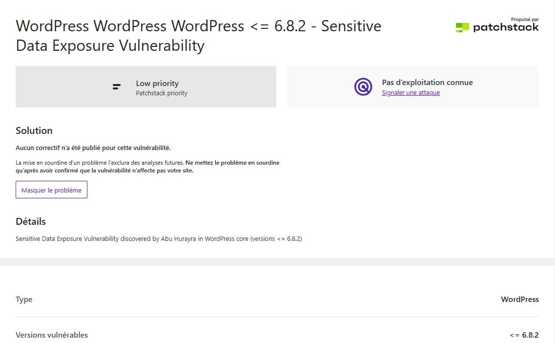 WordPress Sensitive Data Exposure Vulnerability (Crédit : plugin Solid Security)